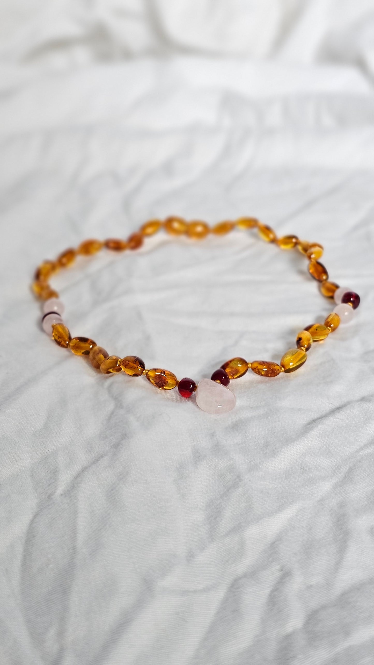 Baltic Amber Teething Necklace with Rose Quartz