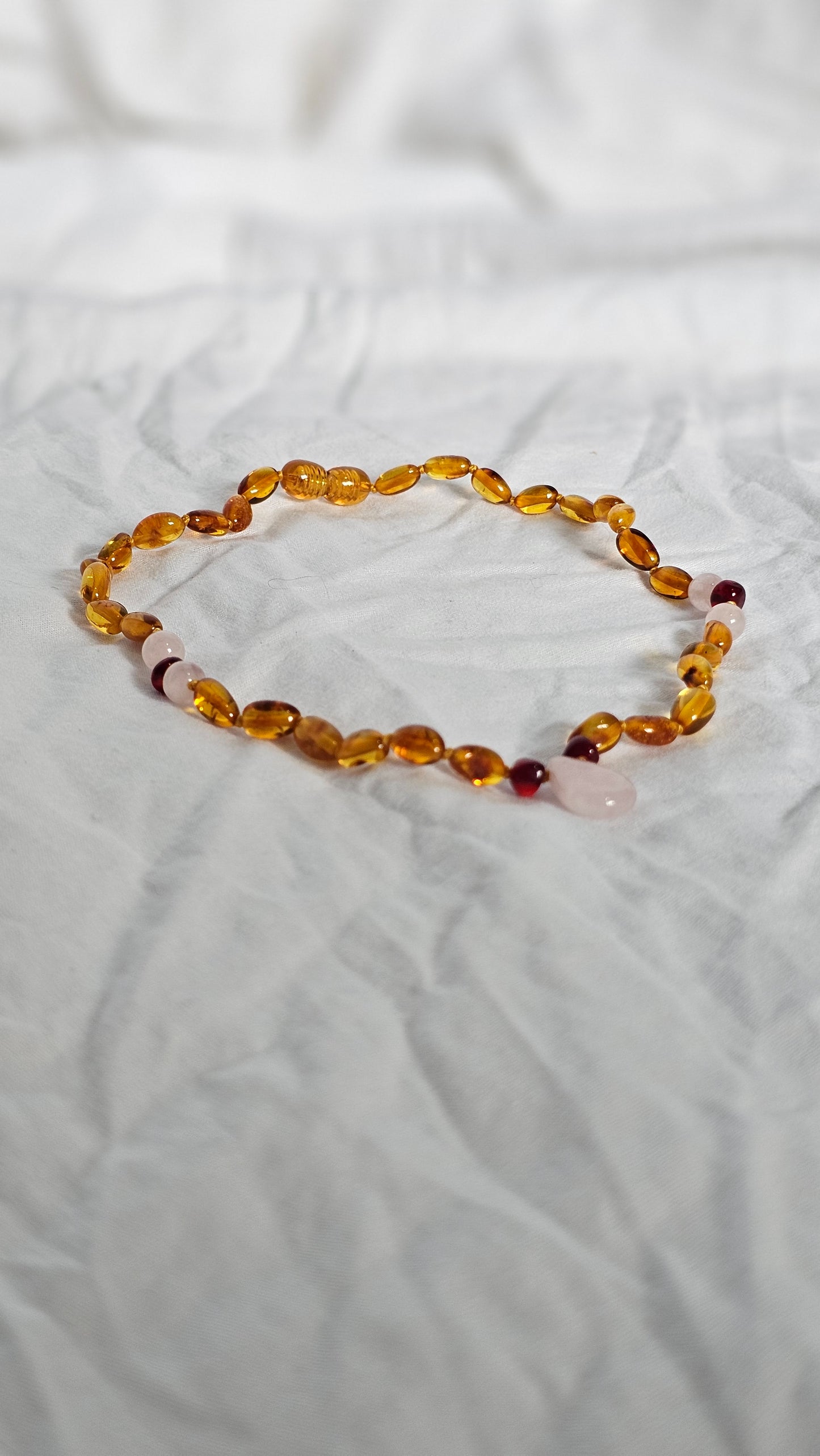 Baltic Amber Teething Necklace with Rose Quartz