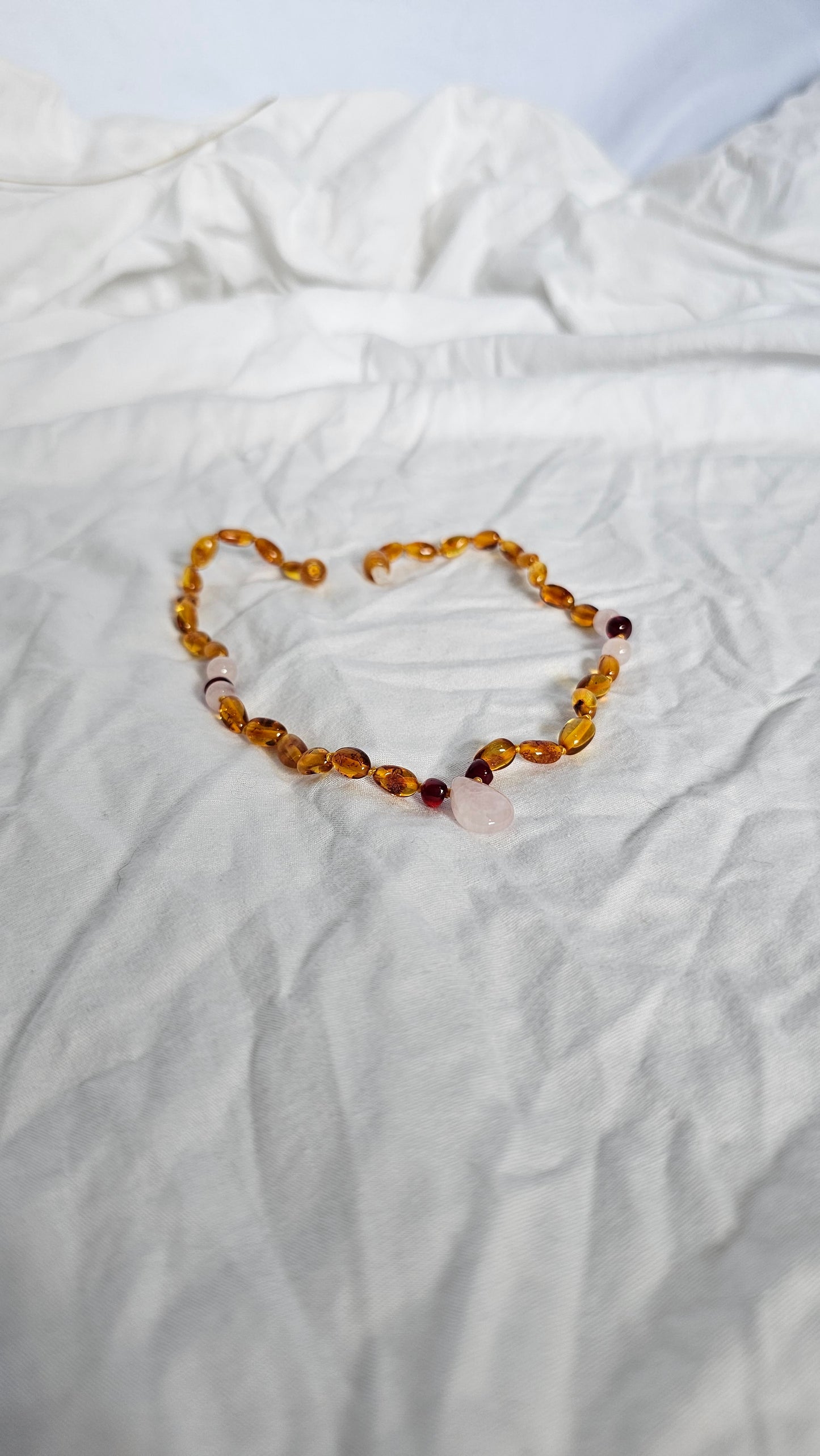 Baltic Amber Teething Necklace with Rose Quartz