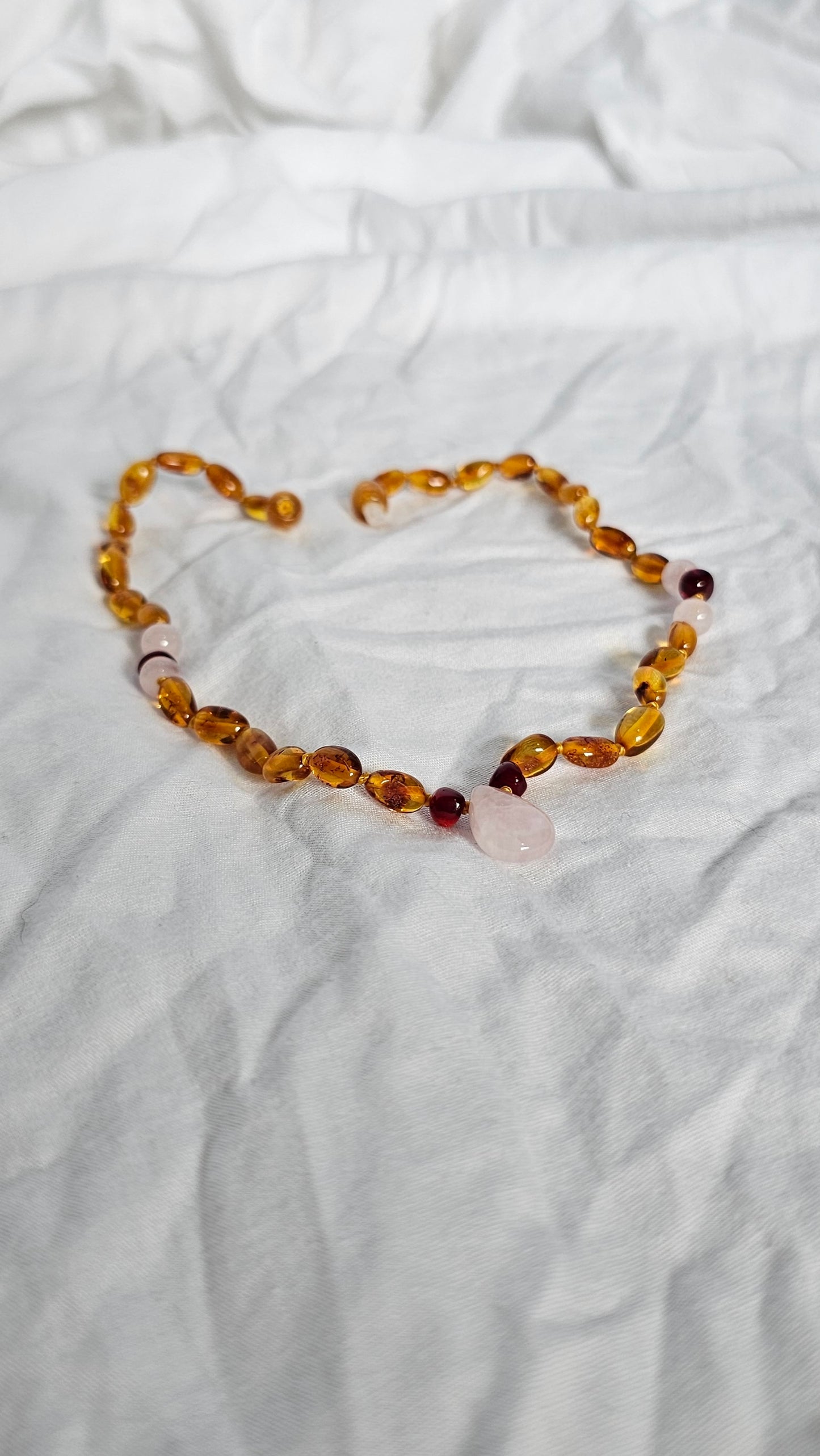 Baltic Amber Teething Necklace with Rose Quartz