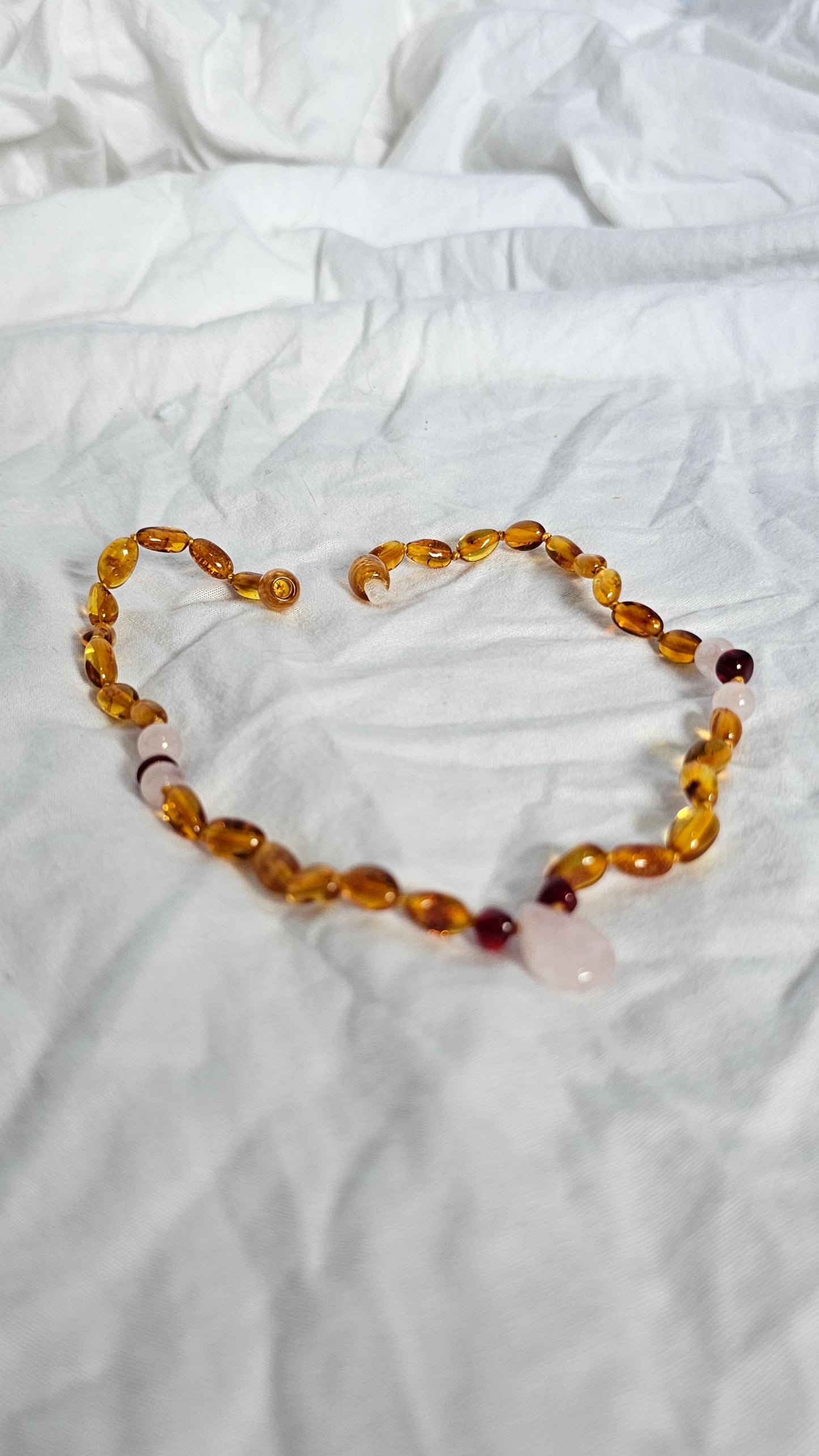 Baltic Amber Teething Necklace with Rose Quartz