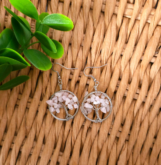 Rose Quartz Tree Of Life Earrings- Reiki Infused