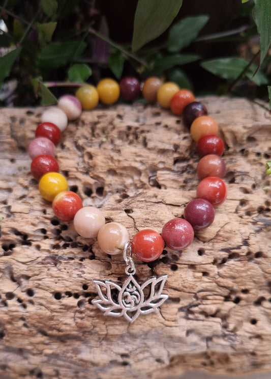 Mookaite Crystal Bracelet & Lotus Flower Charm - Reiki Infused