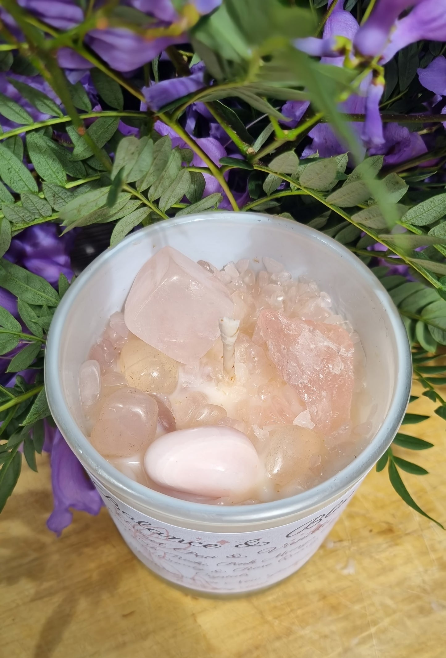 Pink Mango Calcite & Reiki Infused Intention Candle - Sweet Pea & Vanilla