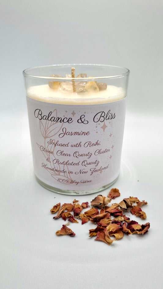 Citrine, Clear Quartz & Reiki Infused Intention Candle - Jasmine